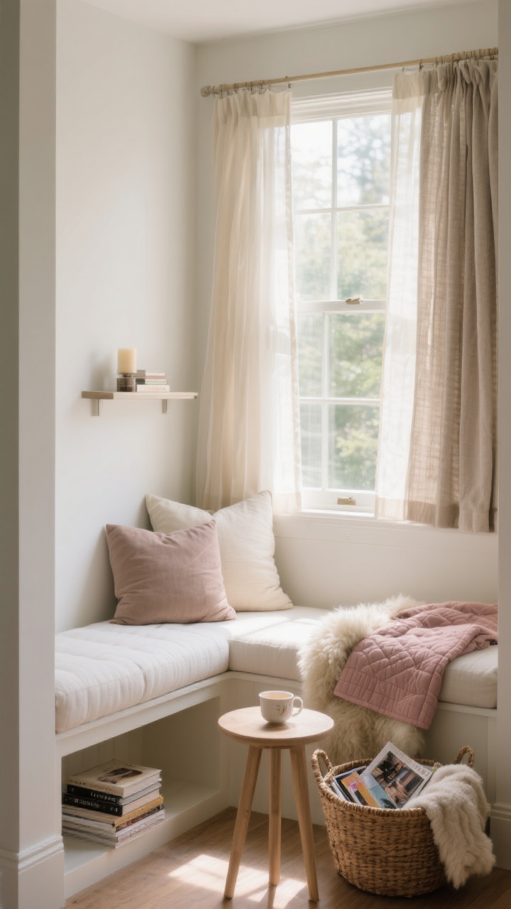 Photorealistic medium shot of a sunlit window nook glow-up: a built-in white bench under a large window with layered light-filtering curtains and a heavier panel pulled to the side, thick bench cushion with two stacked seat pads, pillows in varying sizes (lumbar in soft taupe, square in cream, tiny accent pillow in dusty rose), a folded quilt and a faux sheepskin draped for texture, tiny round side table holding a tea cup and candle, wall-mounted narrow shelf with a small book stack, a woven basket under the seat with magazines and extra blankets; daylight streaming softly, privacy cafe curtain at mid-window; cozy, tactile fabrics emphasized; corner angle view.