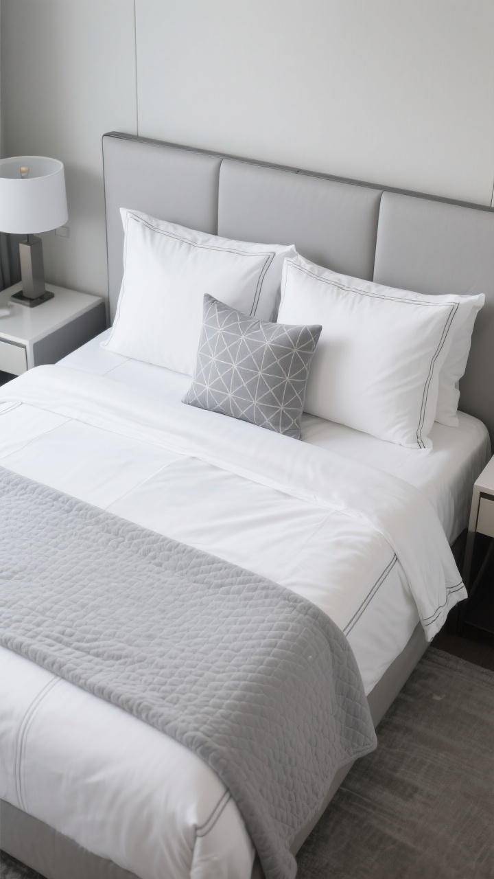 Photorealistic overhead detail shot of a modern hotel-style bed layering: white percale sheets peeking under a mid-grey duvet cover with subtle piping; a lightweight light-grey matelassé blanket neatly across the foot; two grey euro shams behind two crisp white sleeping pillows; a single accent pillow with a subtle geometric pattern centered; edges squared and tailored; cool, even lighting to highlight crispness; a glimpse of symmetrical nightstands and a streamlined upholstered headboard at the frame edges.