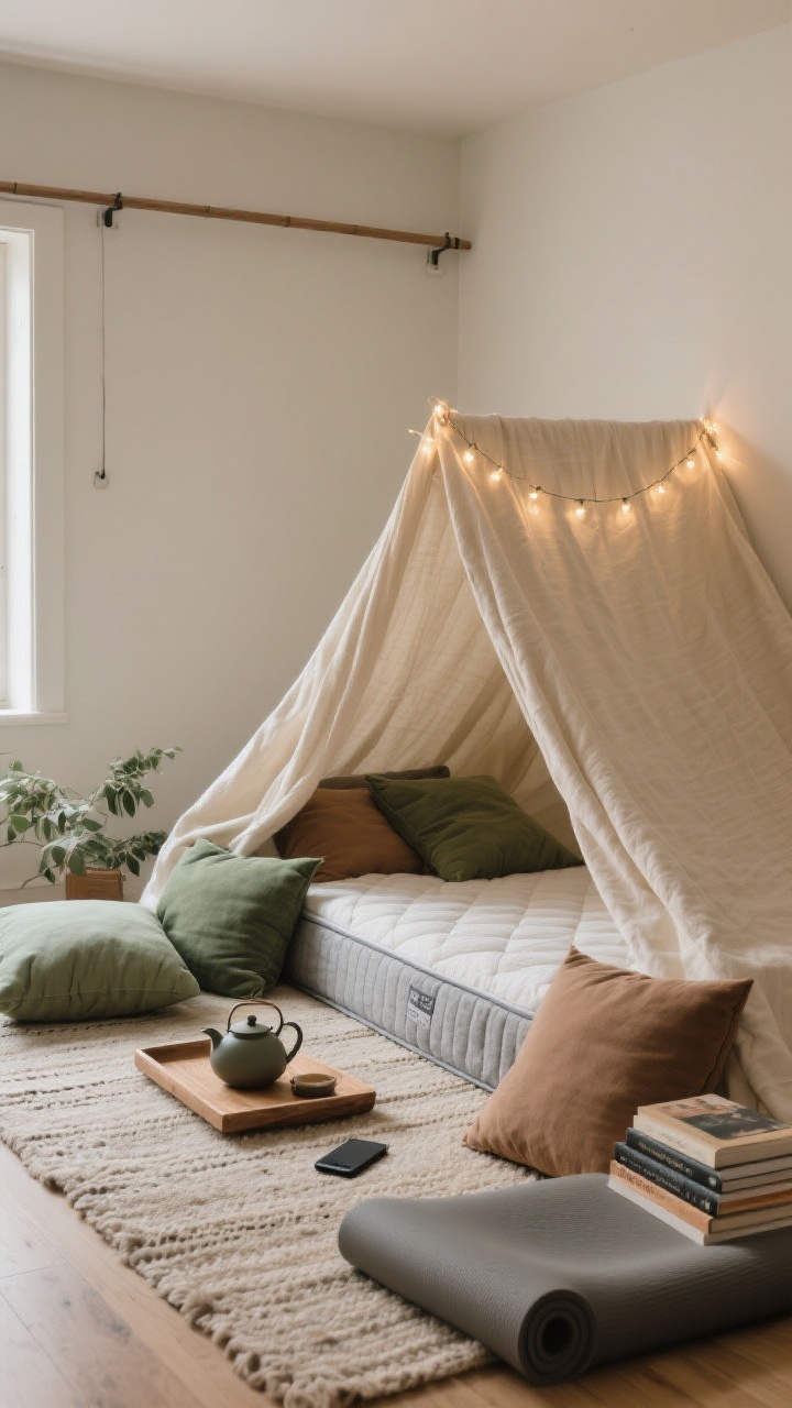 Photorealistic wide shot of a grown-up blanket fort: a cozy corner with a tension rod between walls and command hooks draping lightweight linen panels in soft ecru like a canopy; layered rugs with a cotton flatweave over a larger neutral base; floor cushioning built from a folded mattress topper, yoga mats, and oversized floor pillows in muted eucalyptus green and warm gray; subtle twinkle light strands pinned along the canopy edge for ambient sparkle; a low wooden tray with a teapot, stacked books, and a phone face down; calm, cocooning vibe, warm ambient lighting; shot from a slightly elevated corner angle.