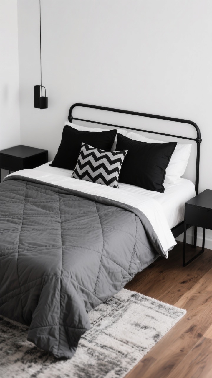 Photorealistic wide shot of a high-contrast monochrome bedroom: mid-grey duvet or quilt as the base; black euro pillows and a black lumbar providing strong contrast; crisp white sheets visible at the cuff; a single accent pillow with a black-white-grey chevron or grid pattern; black bed frame and/or black side tables grounding the palette; warm wood tones and a soft rug tempering the starkness; clean lines and graphic balance; even, bright daylight for an editorial feel; straight-on composition to emphasize symmetry and contrast.