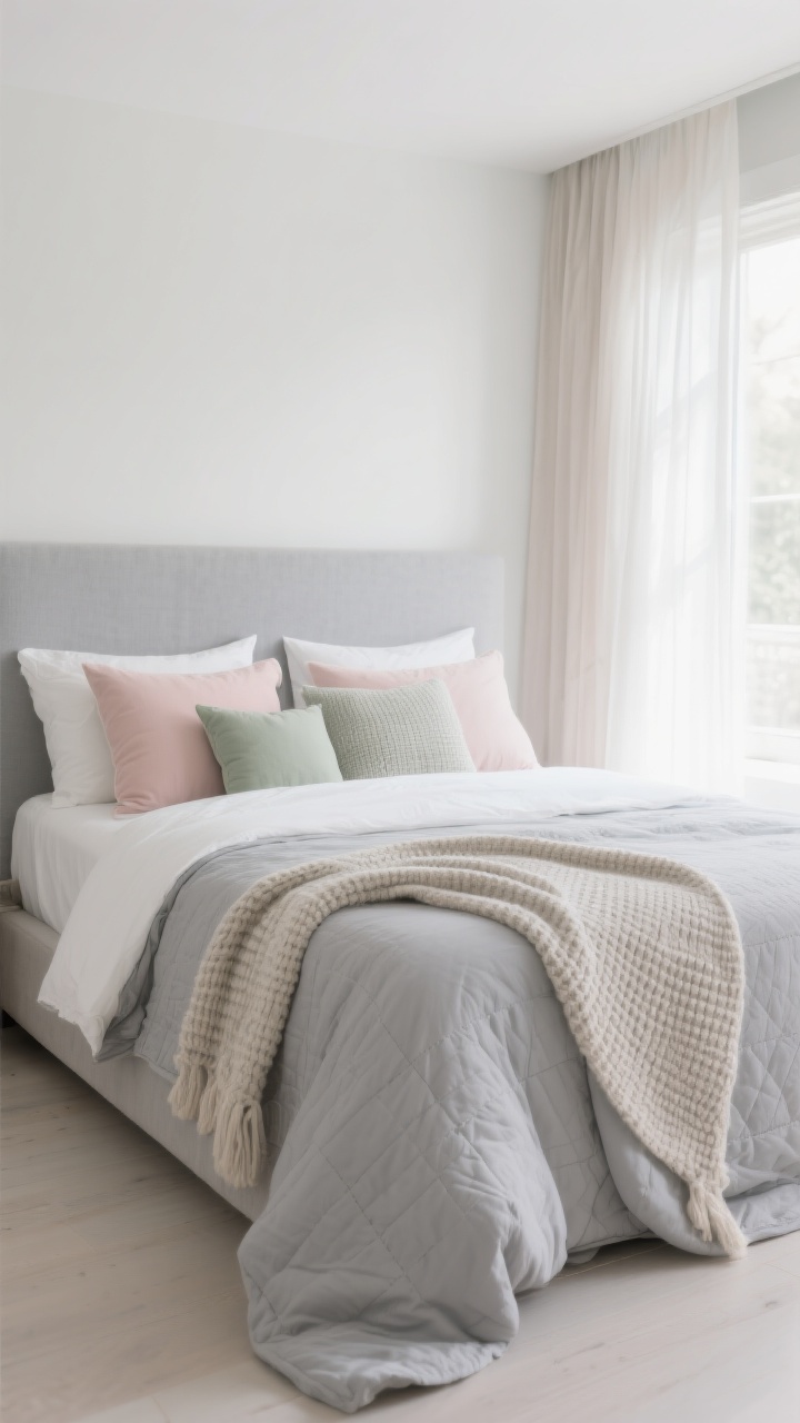 Photorealistic wide shot of a serene, airy bedroom showcasing dove grey bedding: light grey sheets, a crisp white duvet, and a pale greige quilt folded at the foot; tone-on-tone greys layered across pillows; soft blush and sage accent pillows for gentle color; knit and waffle-weave throws draped casually for tactile texture; bright, spa-like natural daylight filtering through sheer curtains; minimal warm neutrals in the room to keep it light and calming; straight-on view for a tranquil, balanced composition.