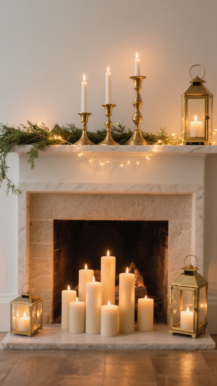 Straight-on, intimate closeup of candlelight and ambient glow for a no-fire setup: inside the firebox, a cluster of 5–7 neutral pillar candles at varying heights; on the mantel, a trio of brass candlesticks with ivory tapers; a slim strand of warm fairy lights (2700–3000K) subtly tucked into a sprig of greenery; a matching lantern on each side of the hearth for balance; lights off except warm ambient lamps, resulting in a cozy, golden glow; realistic flame and wax textures.