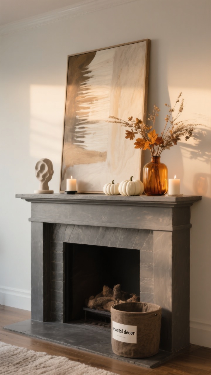 Straight-on, medium shot of a mantel demonstrating seasonal rotation without full rebuy: core setup of a large leaning art piece, a small sculptural object, and candles; then show a fall variation—add amber glass bud vase, dried stems, and two tiny white pumpkins; maintain tight palette of warm neutrals, amber, and soft charcoal; subtly styled bin or label peeking on the floor reading “mantel decor” for realism; soft, cozy late-afternoon light.