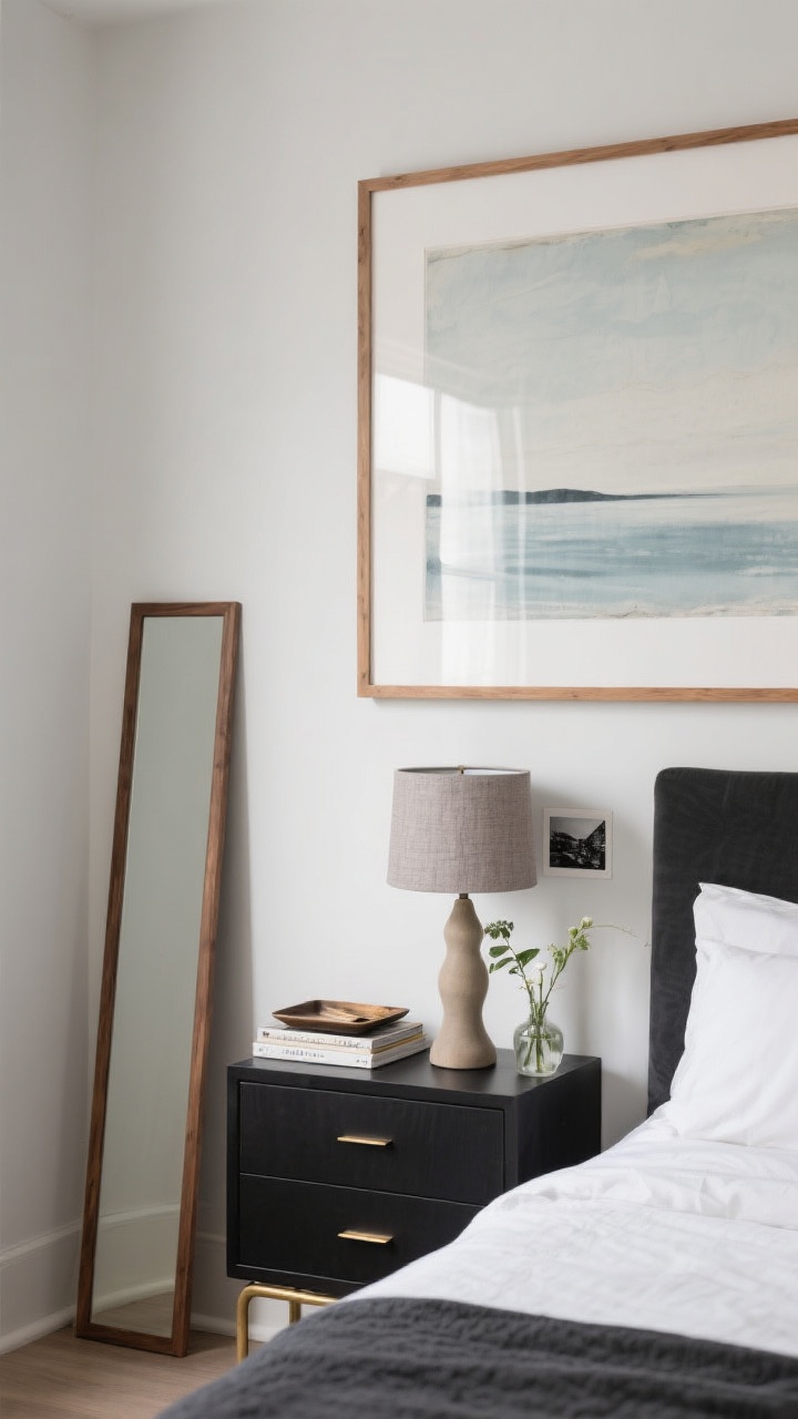 Straight-on medium shot: Styled wall and nightstand scene—above the bed, one large calming art piece in a simple oak frame; a tall leaning mirror reflecting light on the adjacent wall; nightstand styled with a fabric-shade lamp, a neat book stack, a small tray, and fresh stems in a petite vase; a personal black-and-white travel photo subtly included; restrained, edited surfaces with cohesive black/brass accents.