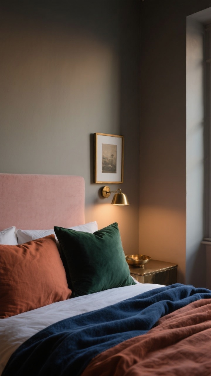 Straight-on wall view, moody evening lighting: a bedroom corner showcasing a flattering color palette. Walls painted in a warm neutral like greige or mushroom, with soft blush or terracotta textiles for warmth. Accents in moody tones—inky blue throw or forest green pillow, and subtle metallics in antique brass or soft gold (sconce, picture frame). Show paint and fabrics under low, warm light to emphasize their nighttime tone. Calm, cocooning atmosphere, photorealistic.