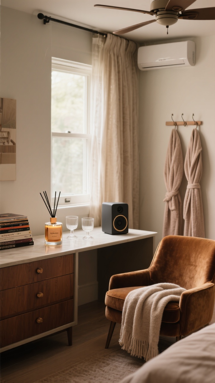 Vignette medium shot of a dresser-top or console: curated sensory details. A single signature scent (amber/sandalwood/vanilla/rose) presented as either a candle or a diffuser—only one active—beside a small carafe with two glasses. A compact speaker rests near a small stack of records/books. A window slightly ajar with sheer curtain movement, or a quiet purifier in the corner; ceiling fan barely visible on low. Include a plush throw over a velvet chair and two soft robes on a hook. Warm, intentional, multi-sensory vibe, photorealistic.