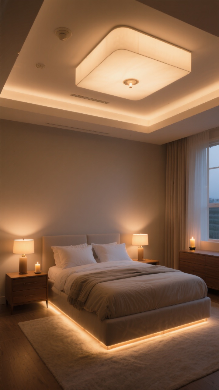 Wide bedroom shot emphasizing layered, flattering lighting: a diffused ceiling fixture with a dimmer casting an even glow (no bare bulbs), matching warm bedside lamps (2700–3000K) on each nightstand, and subtle accent lighting—an under-bed LED strip creating a soft halo and a small candle-style lamp on a dresser. Show a warm, cozy evening ambiance with balanced illumination and gentle shadows. Straight-on angle, photorealistic, no people.
