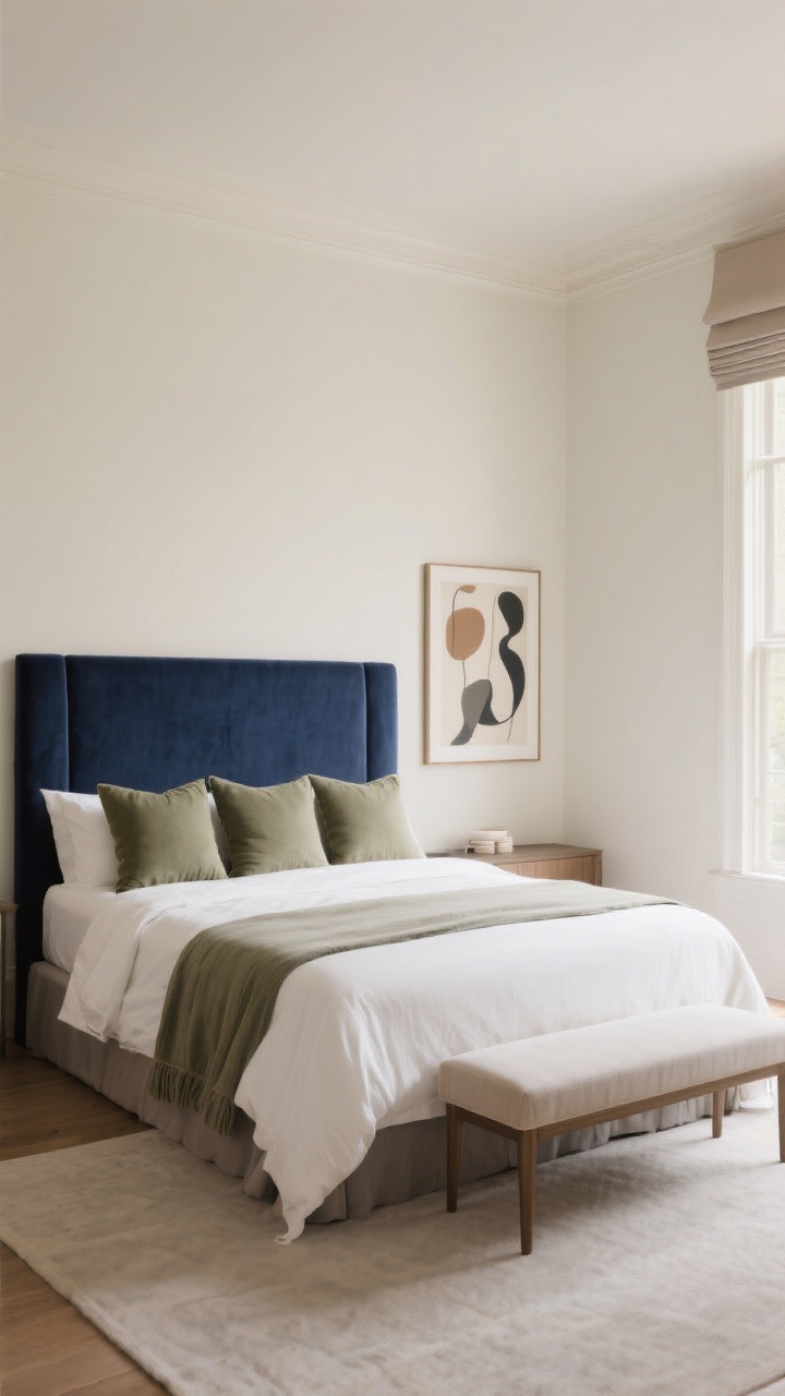 Wide room shot: An elegant bedroom painted in matte creamy ivory walls with warm taupe and smoky gray accents, featuring a deep inky navy upholstered headboard as the single bold focal point. Add restrained pops of muted sage repeated three times through a lumbar pillow, a small bench at the foot of the bed, and a framed abstract artwork. Soft natural light filters in, highlighting the calm, curated color story with edited decor and no clutter.