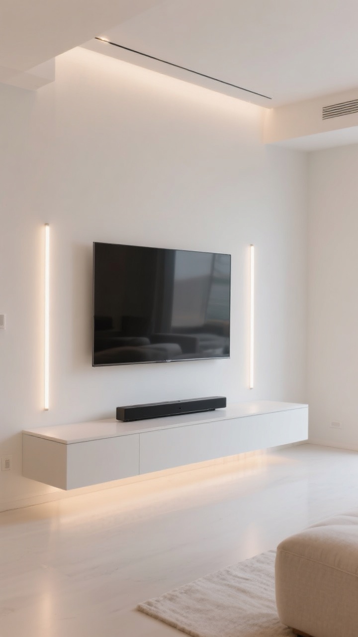 Wide shot: A light, airy living room with everything floating—wall-mounted TV at seated eye level, a floating media console positioned 8–10 inches below to leave room for a centered soundbar, and slim LED light bars flanking the setup; bias lighting glows from behind the TV; floor entirely clear for a spacious feel; modern minimal styling; photorealistic, straight-on view.
