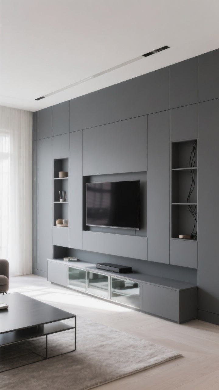 Wide shot: A modern living room with a sleek built-in wall framing a wall-mounted TV, featuring slim symmetrical open shelves and a low floating console with glass-front cabinets; the entire built-in, including the back panel, is painted a soft charcoal for a seamless look, with minimal decor and hidden cables, a few inches of clearance around the TV cutout for future upgrades; natural daylight grazing the matte paint, photorealistic, straight-on perspective.