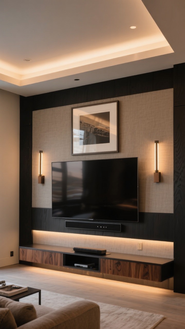 Wide shot: A TV wall layered like a cinematography set—ambient overhead fixture with low glare, warm 2700K–3000K tone; accent picture light over framed art, slim sconces placed 6–8 inches from the TV edges to avoid reflections; bias lighting behind the TV; dimmers on all layers for flexible mood; materials mix of matte black, walnut, and linen for warm modern depth; photorealistic, straight-on composition.