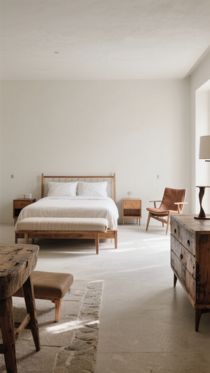 Wide shot: Curated furniture arrangement with negative space; a simple wood bed frame, scaled nightstands at roughly one-third the bed width and near mattress height; an upholstered bench at the foot for boutique hotel vibes; closed-storage dresser keeping surfaces clean; one hero piece—a vintage, slightly distressed wood dresser or a sculptural chair; materials include wood, linen, leather, and stone; balanced walkway space, natural light, no clutter.