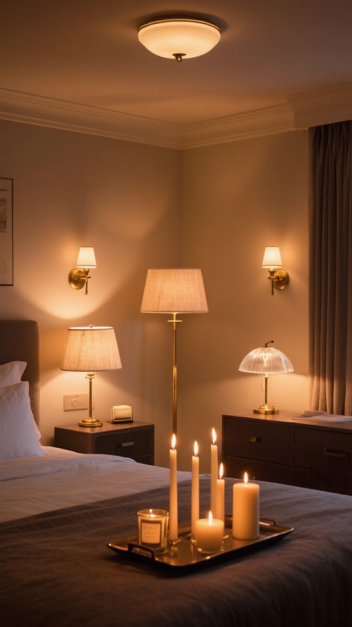 Wide shot, evening: a romantic bedroom lit with layered warm lighting (2700–3000K). Soft glow from two dimmable bedside lamps with fabric shades, wall sconces on low, a slender brass floor lamp in the corner, and a tiny table lamp on a dresser. A cluster of mixed-height candles (unscented tapers and a couple of scented votives) flickers on a tray. Overhead light off. Include a frosted-shade task lamp set to a lower Kelvin bulb for diffused glow. Cozy, boutique-hotel mood, no people, photorealistic.