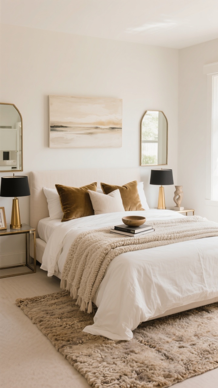 Wide shot of a calm, layered palette bedroom: base colors in warm whites and sandy beige with 2–3 core tones, rich textures—linen duvet, velvet Euro shams, boucle throw, and a nubby rug correctly sized (9x12 under a king or 8x10 under a queen) extending beyond the bed. Include refined metal accents (brass or matte black) in lamp bases and picture frames, one strong serene artwork above the bed, and a large mirror reflecting light. Surfaces lightly styled with a couple of books, a ceramic bowl, and a small sculpture. Soft, even daylight, balanced composition.