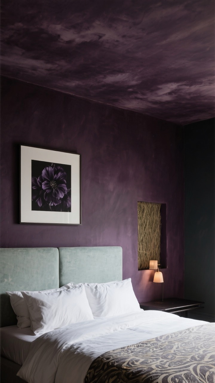 Wide shot, straight-on: A moody wall moment behind the headboard. The headboard wall is limewashed in a deep, saturated aubergine with soft, cloudy movement; the ceiling carries the same tone for enveloping drama. Adjacent walls are left darker in matte paint. Include subtle grasscloth texture on a small niche or panel for contrast. Low, warm lighting to accentuate the wall’s depth; no busy patterns except a restrained dark floral accent in a framed print.
