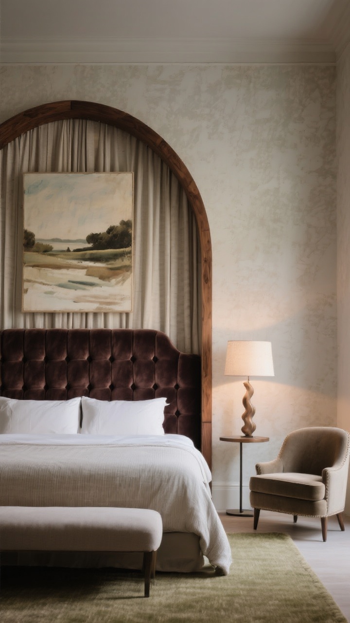 Wide, straight-on view of the bed wall showcasing a focal point: a statement headboard (channel-tufted velvet in a deep tone, or arched wood; choose one) paired with art hung low and tight—soft abstract or vintage landscape—above the bed. Optional simple fabric panel behind the headboard suggesting canopy/drapery. The rest of the room edited: minimal decor, subtle grasscloth or limewash texture on the wall for depth, and a small slipper chair with a sculptural floor lamp off to one side. Intimate, balanced composition, evening glow, photorealistic.
