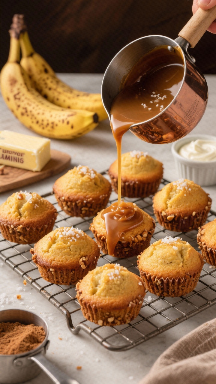 45-degree action shot of Brown Butter Banana Minis being glazed: golden, domed banana cakes on a cooling rack, visible banana crumb and nutty browned-butter sheen; a small saucepan pouring warm salted caramel glaze over the tops, with extra sea salt flakes sprinkled; supporting elements include ripe spotty bananas, a stick of butter wrapper, brown sugar, and a ramekin of sour cream; cozy, amber-toned lighting for a bakery-fresh, irresistible appeal.