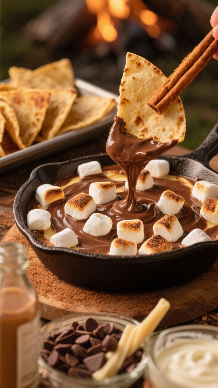 45-degree angle action shot of Skillet S’mores Dip in a buttered 10-inch cast-iron skillet: molten chocolate layer beneath a bronzed, blistered lid of mini marshmallows, a churro-style cinnamon-sugar tortilla wedge dipped in, pulling up stretchy chocolate; nearby tray of golden, cinnamon-dusted tortilla wedges; visible ingredients like chocolate chips, cream, and a vanilla bottle in soft blur; warm, campfire-inspired lighting with gentle highlights on toasted marshmallows