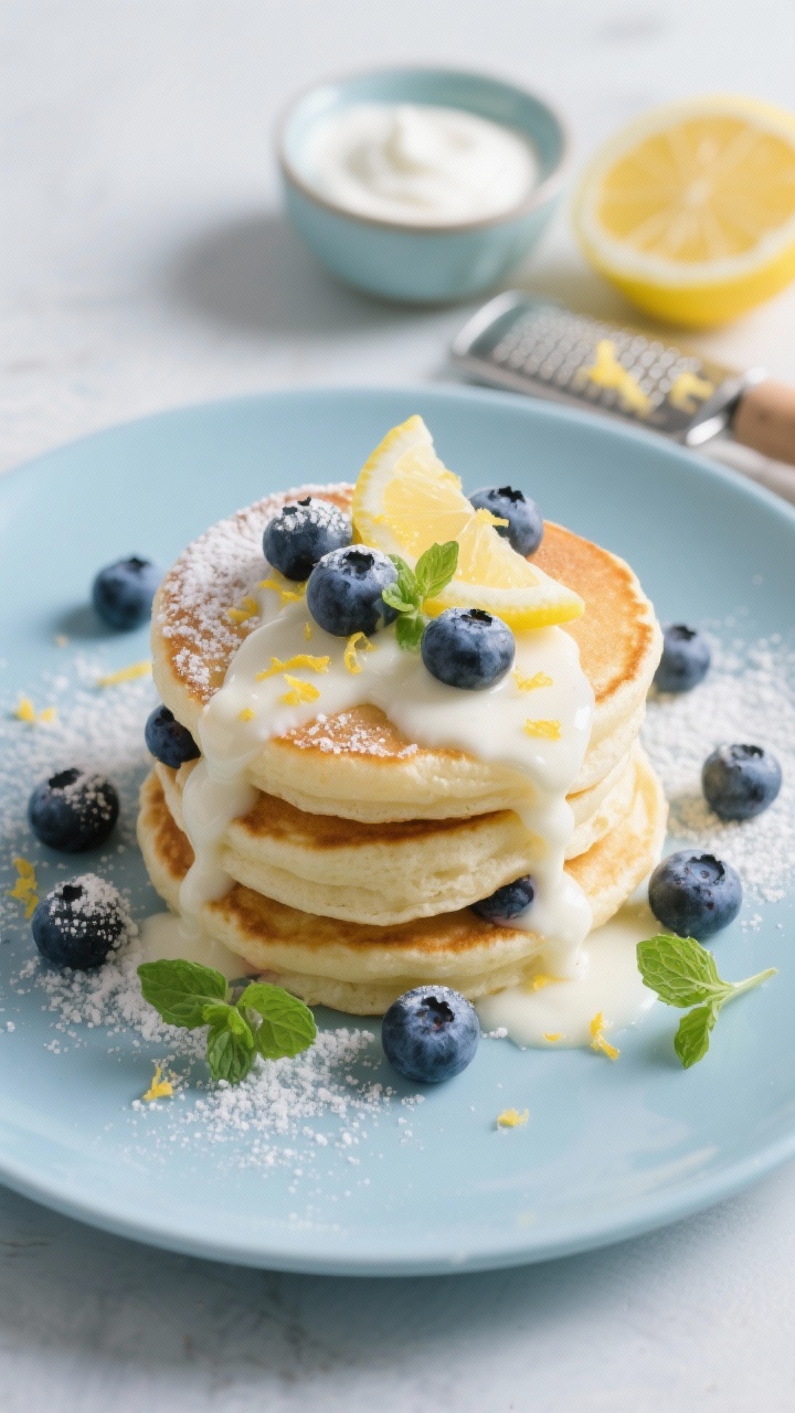 45-degree angle plated shot of Lemon-Blueberry cloud minis on a matte pastel-blue plate, the tender, fluffy pancakes speckled with juicy blueberries; a silky zesty yogurt drizzle (Greek yogurt, honey, lemon juice) ribboned over the stack; lemon zest sprinkled, extra blueberries scattered, and tiny micro mint leaves for a fresh pop; powdered sugar dusting caught mid-fall; soft, clean daylight with cool tones to evoke bright, sunny freshness; a small bowl with the yogurt drizzle and a microplane with a zested lemon in the background.