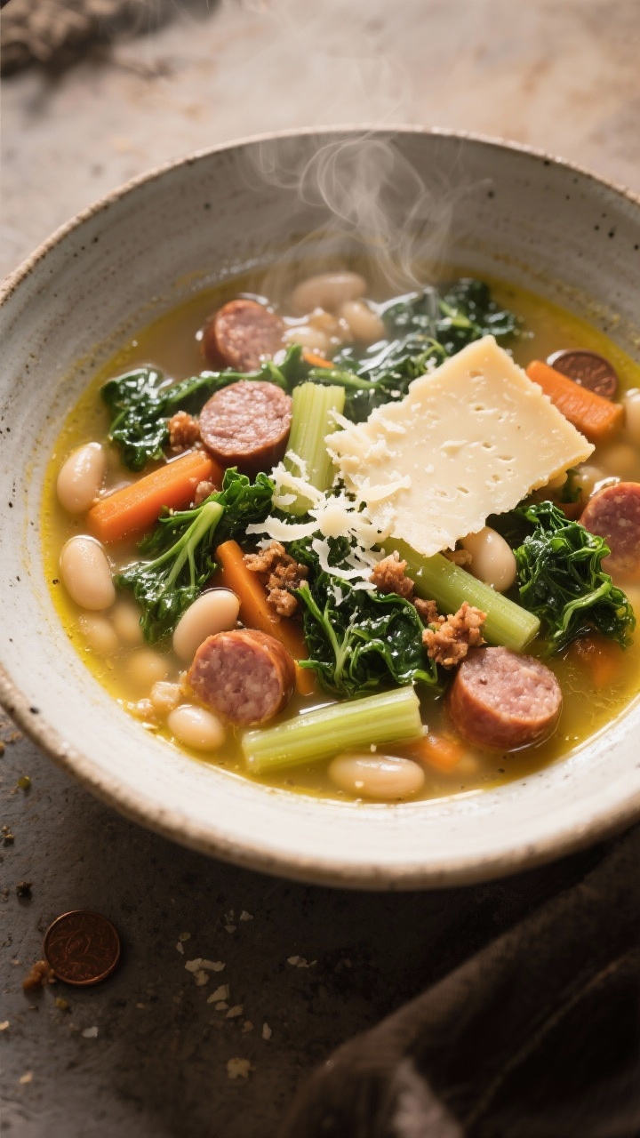 45-degree angle shot of a brothy sausage, kale, and white bean soup in a wide rustic bowl. Visible coins and crumbles of Italian sausage, tender cannellini beans, ribbons of Tuscan kale, carrots and celery in a clear golden chicken broth with a submerged Parmesan rind edge peeking out. Finished with grated Parmesan shower and a glossy drizzle of good olive oil; steam rising. Cozy, weeknight Italian farmhouse feel.