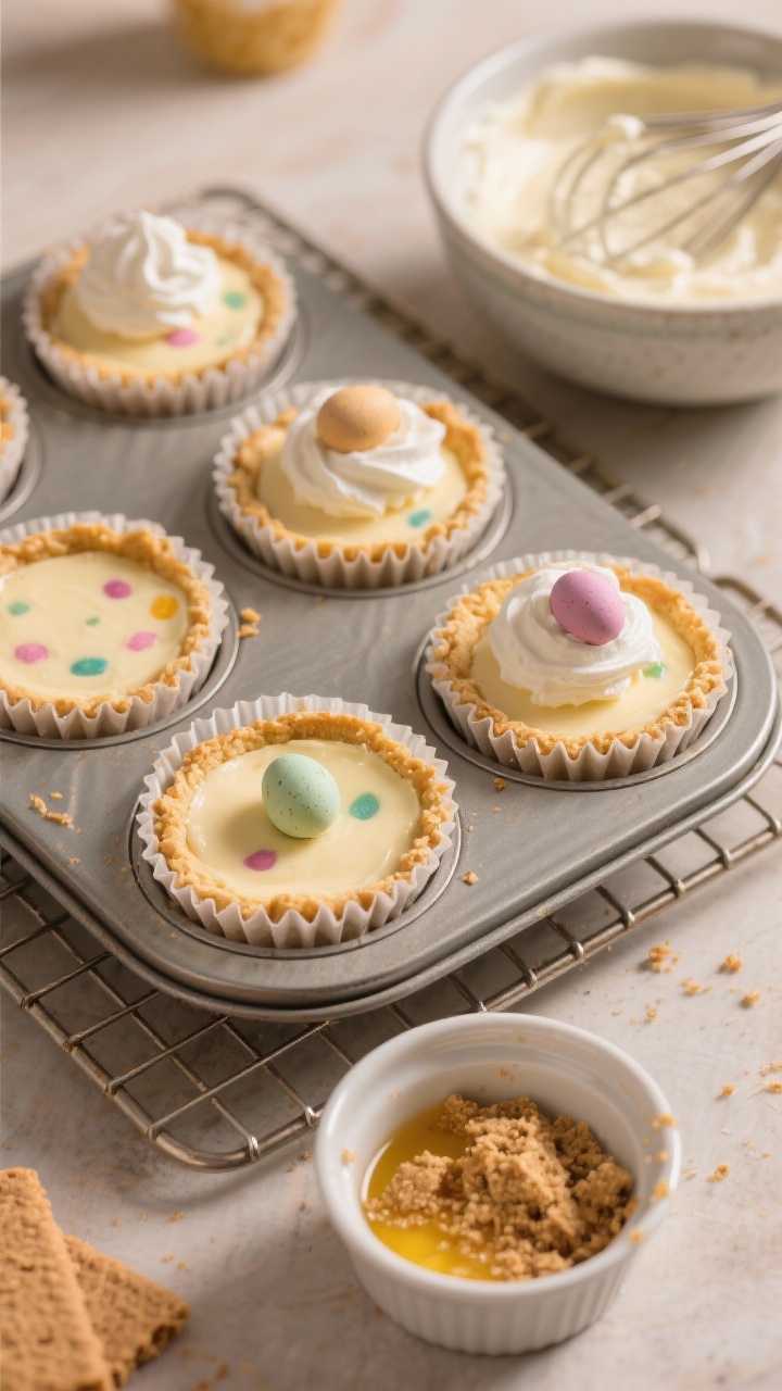 45-degree angle shot of classic baked mini egg cheesecakes in a lined muffin tin on a cooling rack: golden biscuit crusts, creamy pale centers with colorful mini egg flecks, slight wobble set; some topped with a quenelle of whipped cream and a single mini egg. Include a side ramekin with finely crushed graham crackers, melted butter, and a bowl with smooth cream cheese batter and a whisk. Warm oven-light mood, shallow depth of field highlighting the set edges and soft centers, clean metal tin and parchment liners.