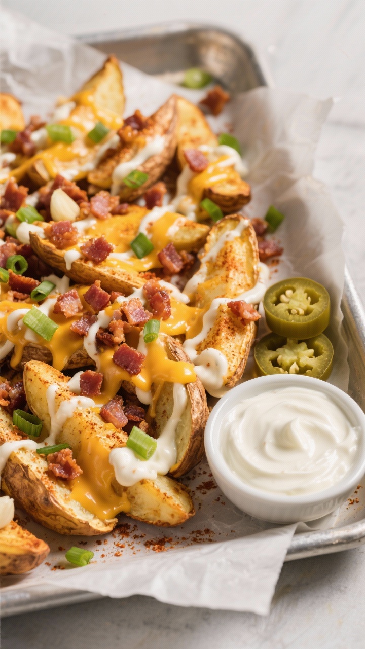 45-degree angle shot of loaded baked potato wedges on a parchment-lined tray: deeply golden, crisp-edged russet wedges dusted with garlic powder and smoked paprika, topped with melted sharp cheddar and crumbled bacon; finished with a shower of sliced scallions and a generous zigzag drizzle of ranch; a small bowl of sour cream at the corner; a few pickled jalapeño slices off to the side as an optional kick; emphasis on crunchy exterior and fluffy interior.