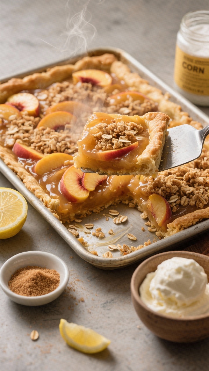 45-degree angle slice-and-serve presentation of Peach Slab Pie with Brown Sugar Streusel in a 10x15 rimmed sheet pan: golden crust, bubbling peach filling with peach slices shimmering, cinnamon and nutmeg speckles, and chunky oat streusel scattered on top. A metal spatula lifting a square, steam faintly visible, with a side bowl of vanilla ice cream ready to scoop. Ingredients cue in scene: a halved lemon, a small dish of brown and granulated sugar, and a jar labeled cornstarch. Warm, rustic tones with crisp crumb detail and glossy peach juices.