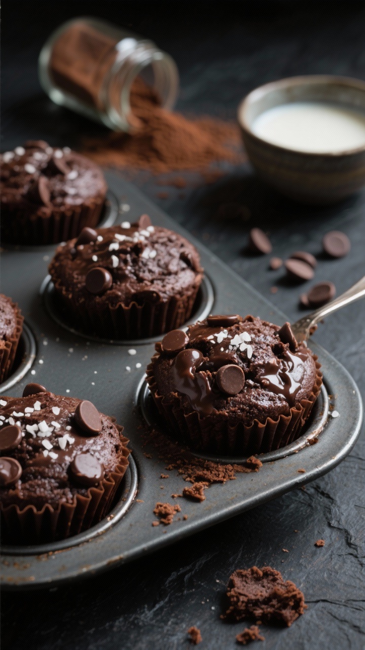 45-degree close-up of Gooey Chocolate Fudge Minis just out of the muffin tin: dark, glossy cocoa-rich cakes with semi-sweet chocolate chips melted on the surface and a delicate sprinkle of flaky sea salt sparkling on top; a few moist crumbs clinging to a tester for that fudgy look; props include an open jar of cocoa powder, scattered chips, and a small bowl of buttermilk in the background; moody, high-contrast lighting on a dark slate to enhance the rich chocolate tones.