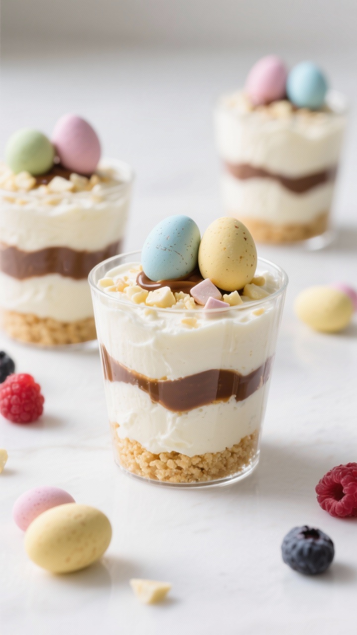 45-degree parfait layering shot: mini egg cheesecake parfaits in clear glasses showing distinct strata—buttery shortbread crumb base, cloudlike mascarpone-vanilla cream, sprinkled chopped mini eggs, repeated layers, topped with whole pastel mini eggs and a delicate drizzle of chocolate or caramel sauce. Optional fresh berries scattered around for color pop. Clean white surface, playful, vibrant mood, sharp focus on creamy texture and crunchy candy, no people.