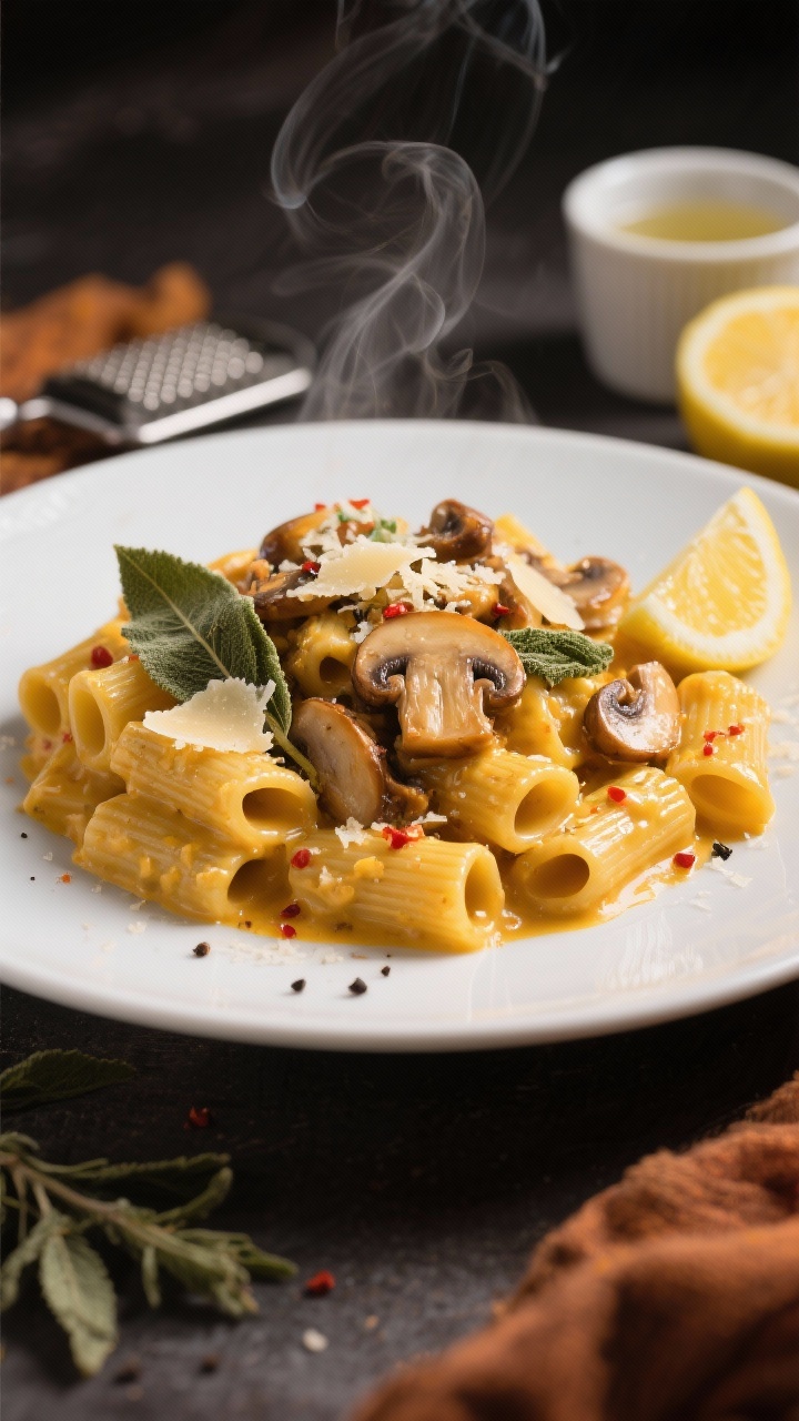 45-degree plated pasta beauty: Creamy pumpkin sage pasta (rigatoni) coated in silky pumpkin-Parmesan sauce with hints of nutmeg and red pepper flakes, finished with a squeeze of lemon. Topped generously with golden brown butter mushrooms (cremini) and crumbled crispy sage leaves. A few parmesan shavings and cracked black pepper on top, steam gently rising. Reserve cup of pasta water in background, lemon half and microplane nearby. Moody autumn tones, shallow depth of field to emphasize glossy sauce cling and mushroom crisped edges.