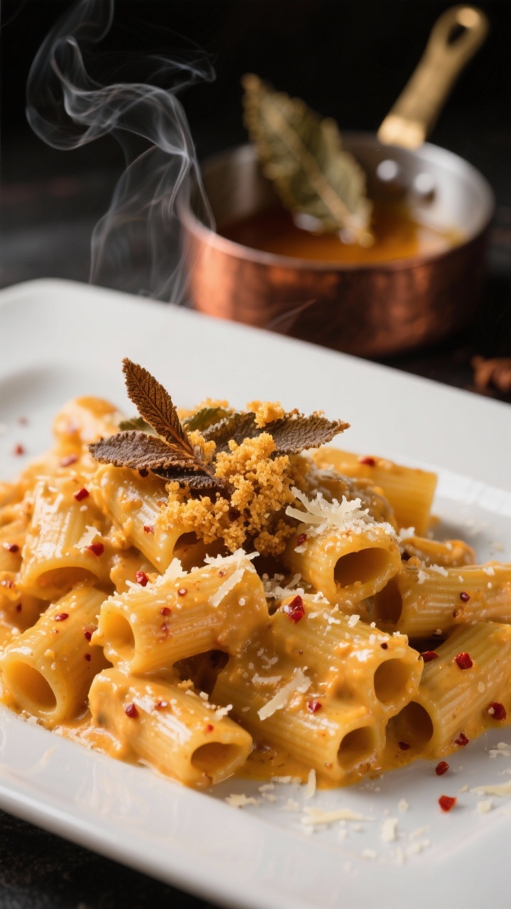 45-degree plated pasta close-up: rigatoni coated in a velvety pumpkin-cream sauce with flecks of nutmeg and red pepper flakes, tossed with grated Parmesan and loosened to a silky sheen; crowned with crispy brown-butter sage leaves and golden panko breadcrumbs; steam rising, a small copper pan of browned butter and fried sage in the background; moody autumn tones.