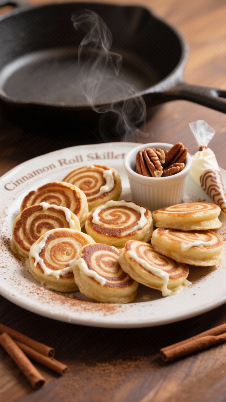 45-degree plated presentation of “Cinnamon Roll Skillet Minis With Cream Cheese Drizzle”: a spiral-arranged plate of mini pancakes each with a visible buttery brown-sugar cinnamon swirl baked in, finished with a glossy cream cheese drizzle; lightly dusted cinnamon on the rim, a small ramekin of toasted pecans, and a tiny piping bag with remaining cinnamon swirl off to the side; warm, cozy tones with soft steam rising; nonstick skillet in background slightly out of focus; textures: caramelized swirls, tender crumb, silky drizzle; café-style composition, no people.