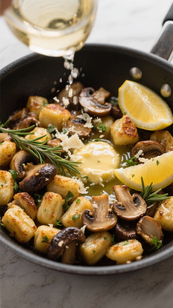45-degree skillet action shot: golden, crispy-edged gnocchi tossed with a medley of browned cremini, shiitake, and oyster mushrooms; melted garlic-herb butter pooling and clinging to ridges, rosemary and parsley scattered through; a deglazing splash of white wine caught mid-gloss, Parmesan shavings melting on contact; finishing lemon wedge at the rim.