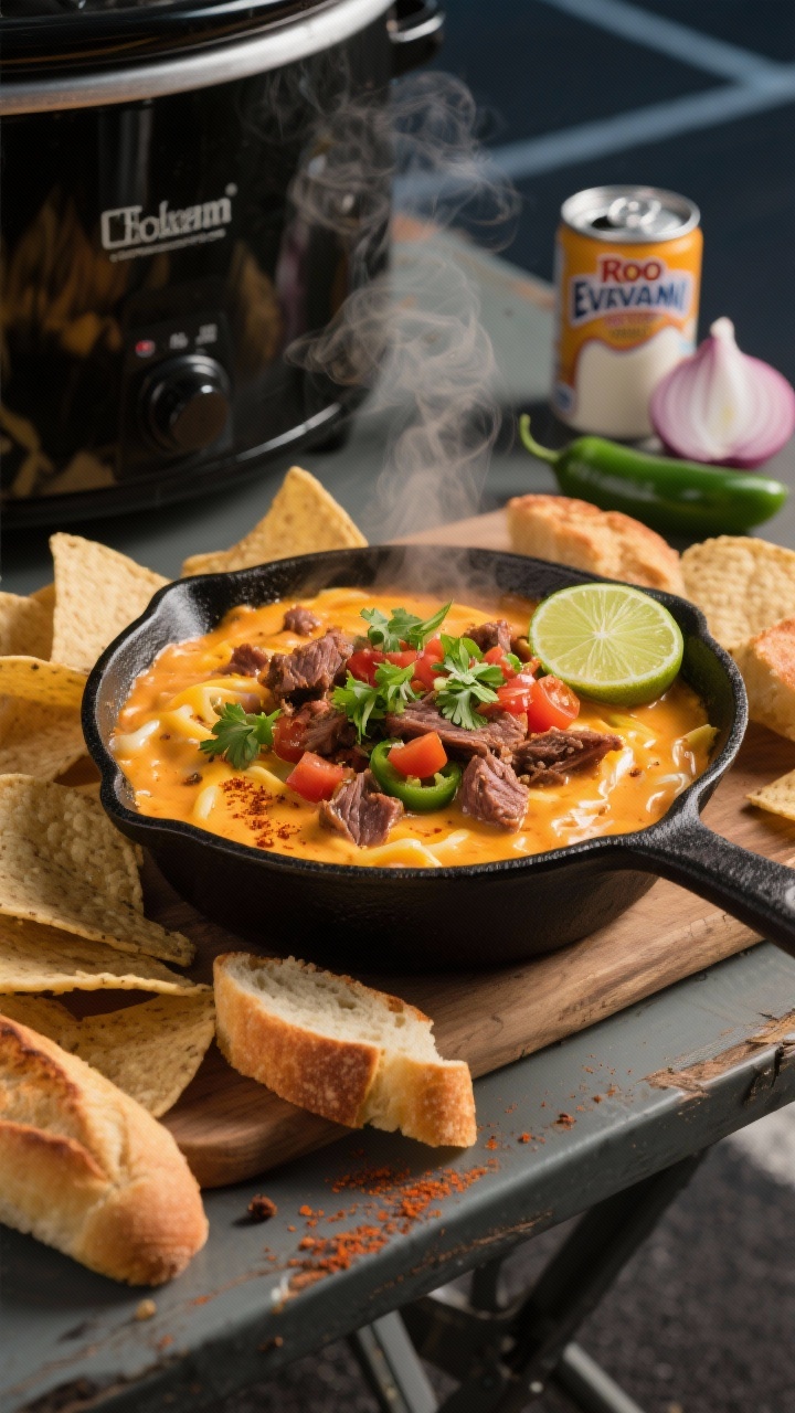 A 45-degree angle close-up of smoky brisket queso in a small black cast-iron skillet nestled in a warm slow cooker, ultra-melty and creamy with visible ribbons of sharp cheddar and Monterey Jack, studded with chopped brisket and drained Ro-Tel tomatoes with green chiles; flecks of smoked paprika and cumin throughout, topped with chopped cilantro and a glossy squeeze of lime. Surround with thick tortilla chips and toasted baguette slices on a rustic tailgate table; a can of evaporated milk and a jalapeño and onion off to the side hint at ingredients. Steam gently rising, rich golden-orange tones, tight depth of field, moody stadium-parking-lot vibe.