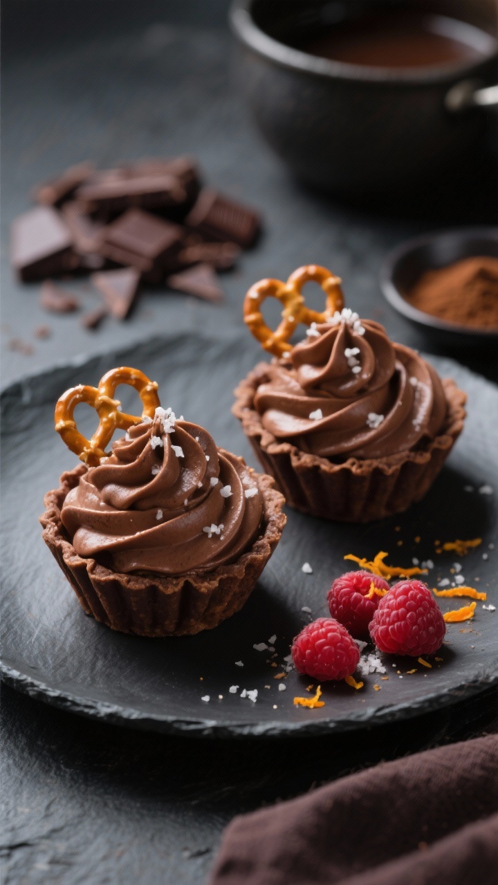 A 45-degree angle close-up of two-bite chocolate mousse cups nestled in mini chocolate tart shells, mousse piped with soft swirls and finished with crushed salted pretzels and a precise pinch of flaky sea salt. Add optional accents of raspberries and a whisper of orange zest on the plate. Include a blurred background hint of chopped dark chocolate, a bain-marie bowl, and a small dish of instant espresso powder. Rich, moody lighting with gentle highlights on the glossy mousse, shallow depth of field, dark slate surface for contrast.