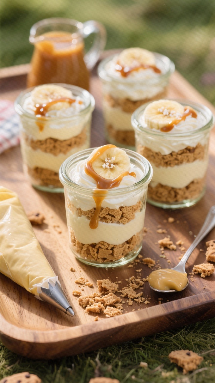 A 45-degree angle layered jar shot of salted caramel banana mini trifles: visible strata of crushed vanilla wafers, silky vanilla pudding lightened with whipped cream, ripe banana slices, and ribbons of glossy salted caramel, finished with a thin caramel drizzle and a tiny pinch of flaky sea salt. Arrange several 4–6 oz glass jars on a wooden tray with scattered cookie crumbs, a piping bag or spoon with pudding nearby, and a small pitcher of caramel. Fresh, inviting picnic-ready mood with natural daylight, sharp focus on layers and textures.