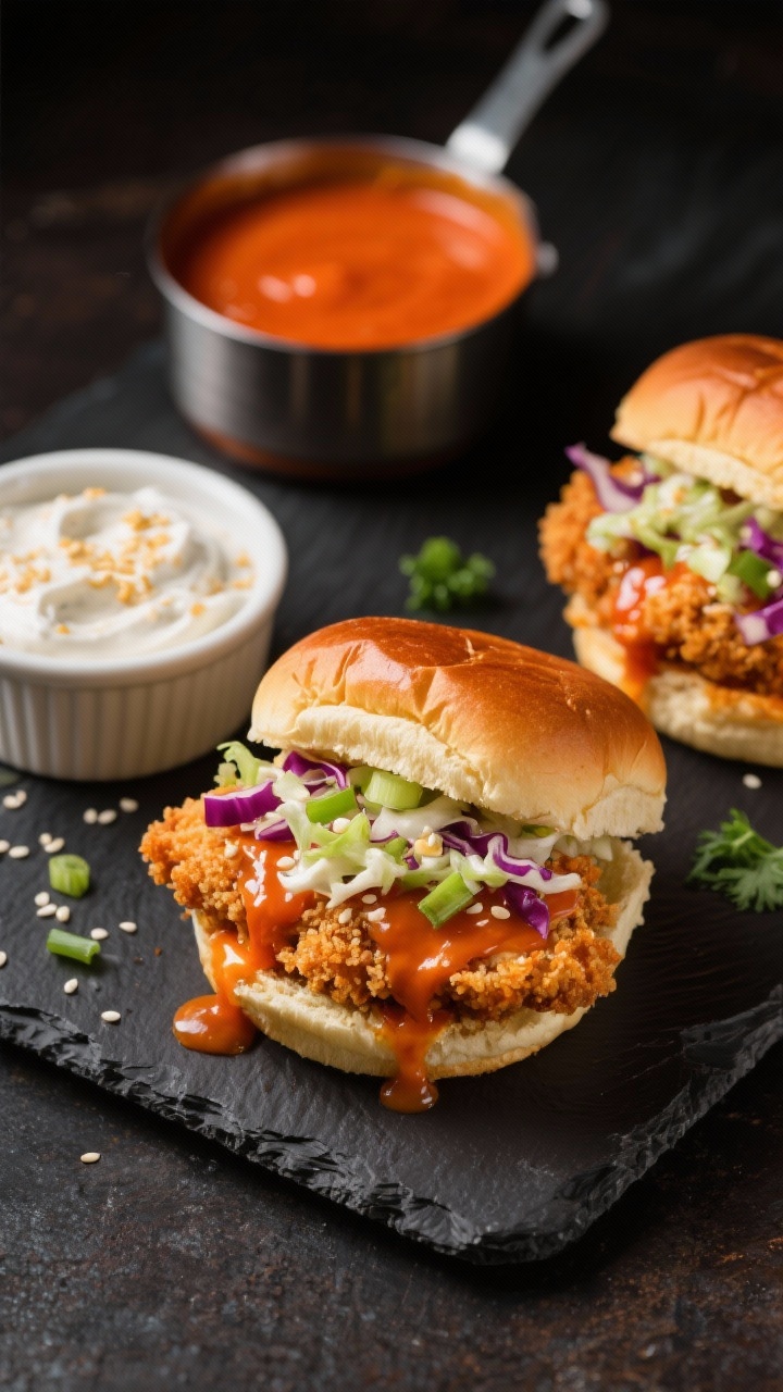A 45-degree close-up of crispy Buffalo chicken sliders assembled on toasted butter-brushed slider buns, dripping glossy buffalo-honey sauce, topped with cool ranch slaw of green and purple cabbage with scallions; sprinkled parsley on buns, extra ranch in a ramekin, sesame seeds of panko texture visible on the chicken; styled on a dark slate board with a small saucepan of warm buffalo sauce in the background; vibrant orange-red sauce, creamy white slaw, and golden crunch emphasized; shallow depth of field, moody game-day vibe, no people.