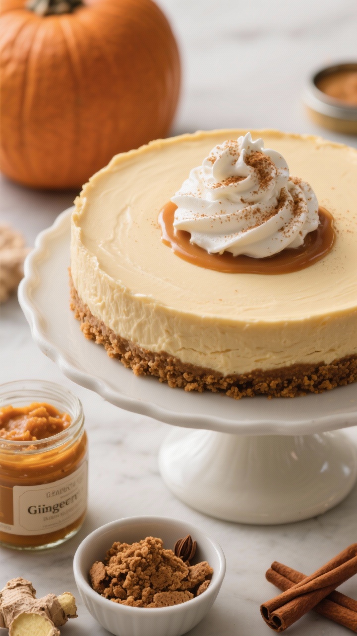 A 45-degree hero shot of a pumpkin spice cheesecake on a cake stand, smooth crack-free surface from a water bath, gingersnap crumb crust visible at the edges. Top with a generous swirl of whipped cream and a dusting of cinnamon, with optional salted caramel drizzle pooling slightly. Include props hinting at ingredients: a jar of gingersnap crumbs, pumpkin purée tin, and warm spices (cinnamon, ginger, nutmeg) in small pinch bowls; elegant yet cozy styling, creamy texture highlighted.