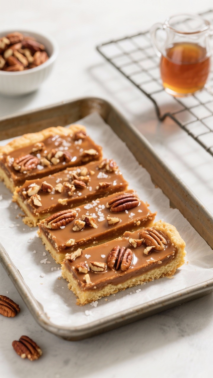 A clean, straight-on plated scene of maple pecan pie bars neatly sliced on parchment in a 9x13 pan, glossy toffee-like maple filling studded with chopped pecans over a buttery shortbread crust, a sprinkle of flaky salt catching the light. Include a small pitcher of maple syrup, a bowl of chopped pecans, and a cooling rack in the background; sharp focus on layered textures, warm tones, natural side light for subtle shine.
