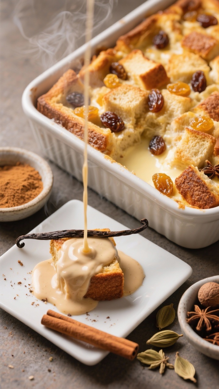 A close-up 45-degree shot of chai-spiced bread pudding in a 9x13 dish, puffed and golden with visible brioche/challah cubes, golden raisins tucked between. A warm pour of silky vanilla bean sauce cascading over a plated square in the foreground, specks of vanilla visible; spices (cinnamon sticks, cardamom pods, ground ginger, cloves, nutmeg) styled in tiny dishes. Soft, cozy lighting with gentle steam, creamy custard texture emphasized.