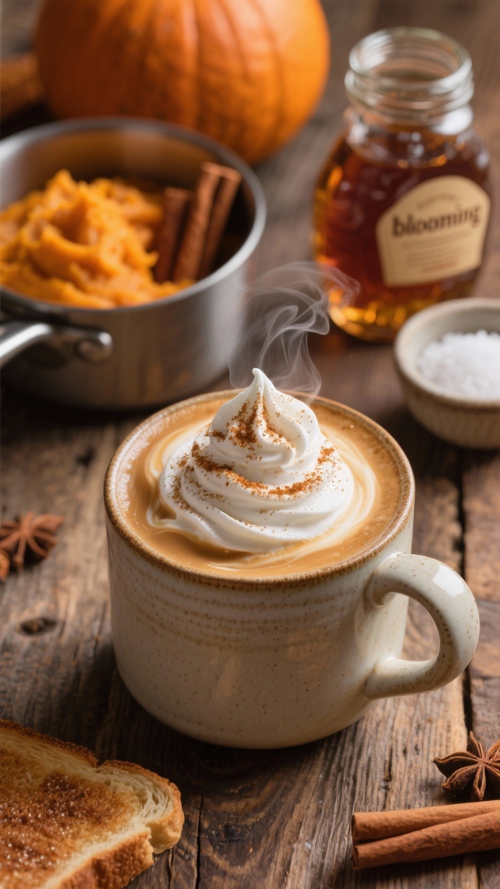 A cozy 45-degree close-up of a Pumpkin Spice Latte that’s heavy on real pumpkin, in a large ceramic mug on a rustic wooden table, silky pumpkin-infused milk swirling into bold espresso with a light foam on top, crowned with a generous spiral of whipped cream and a dusting of pumpkin pie spice; include a small saucepan in the background with pumpkin purée and spices “blooming,” a jar of maple syrup, vanilla extract bottle, and a pinch bowl of salt; warm, autumnal color palette with soft steam rising and a slice of cinnamon-sugar toast slightly out of focus