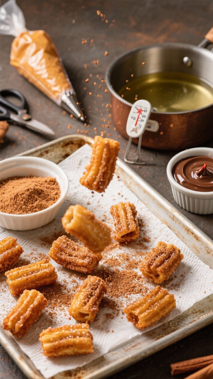 A dynamic overhead action-inspired spread of cinnamon-sugar churro bites just fried to golden, resting on paper towels, then rolled in a sparkling cinnamon–sugar mix. Include a bowl of the cinnamon-sugar, scissors next to a piping bag with a large star tip, a thermometer clipped to a pot of neutral oil at 350°F, and a small ramekin of glossy warm chocolate dip with a pinch of cayenne. Emphasize crisp ridges, sugar sparkle, and a few bites mid-toss in the coating. Warm, cozy tones on a rustic baking sheet lined with parchment.