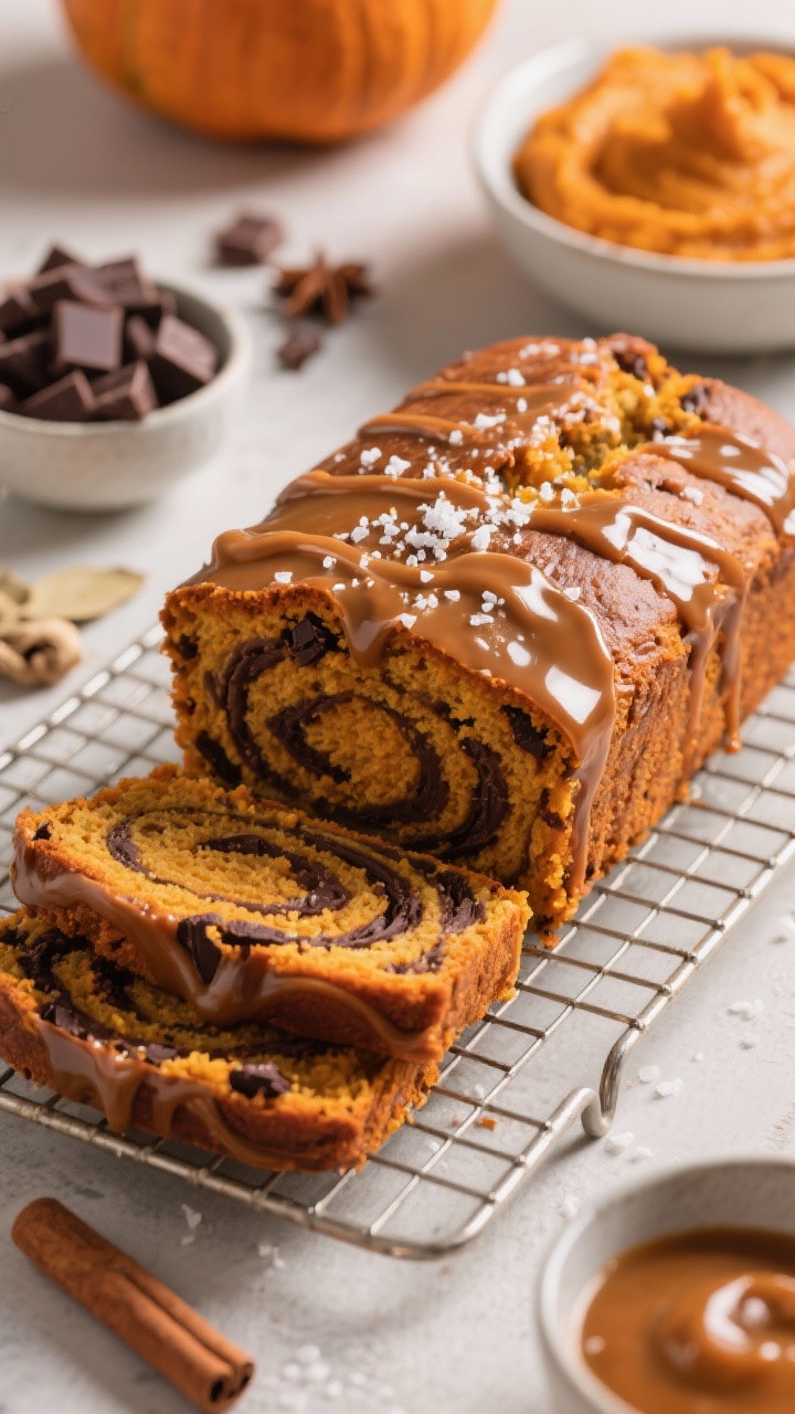 A straight-on loaf shot of salted caramel pumpkin bread on a wire rack, sliced to reveal moist orange crumb studded with dark chocolate chunks, ribbons of swirled thick salted caramel. Drizzled caramel and a pinch of flaky salt on top catching highlights; nearby bowls with pumpkin purée, chocolate chunks, and spices (cinnamon, ginger, nutmeg, cloves). Warm, inviting tones, slight backlight to accent melty chocolate and glossy caramel.