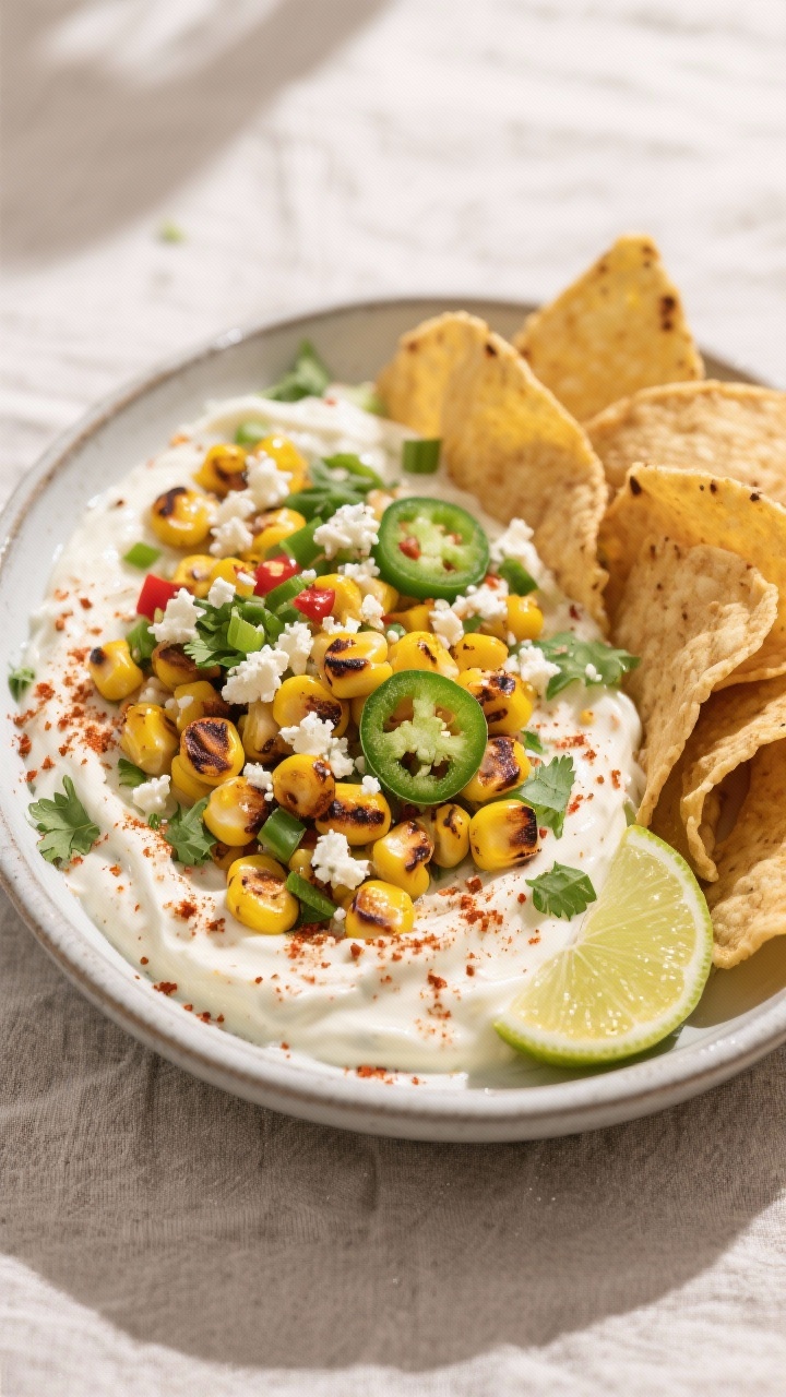A straight-on plated presentation of street corn salad dip in a wide shallow enamel bowl, charred corn kernels with browned edges folded into a creamy mayo–sour cream base, speckled with crumbled cotija, minced jalapeño, green onions, chili powder, smoked paprika, garlic, and lime zest; finished with chopped cilantro and a dusting of Tajin. Lime wedges on the rim, thick tortilla chips and Fritos Scoops piled alongside for dipping. Color pop of yellow corn, green herbs, and red Tajin on a neutral linen, soft natural light for a fresh, zesty feel.