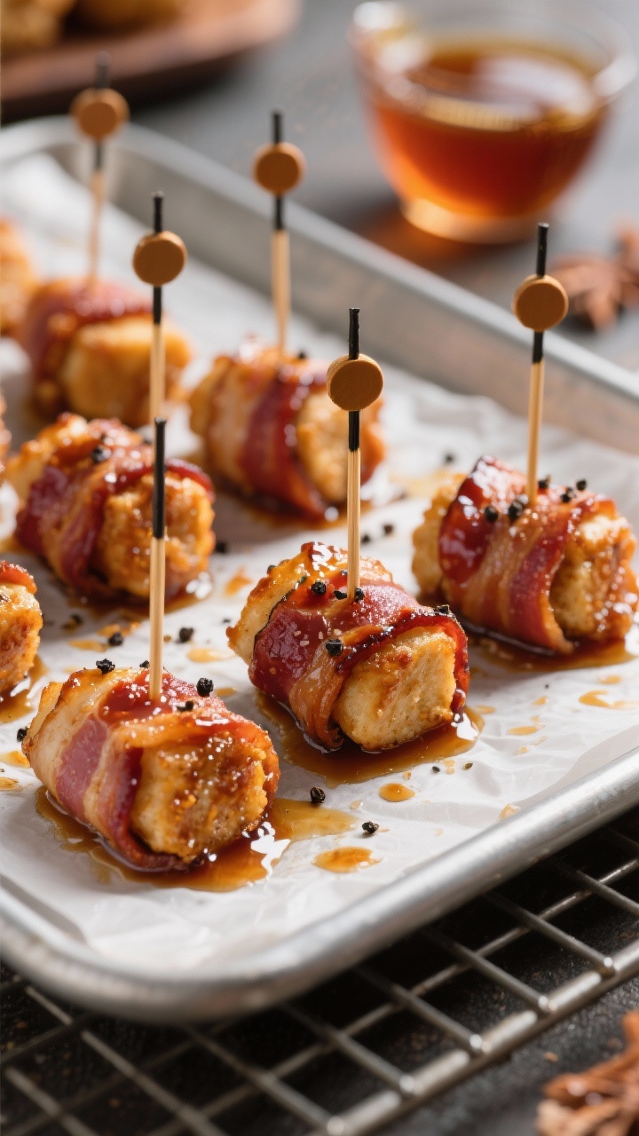 A tight 45-degree macro shot of maple-bourbon bacon bites: pretzel nuggets wrapped in crisp, deep-golden bacon secured with toothpicks, lacquered with a sticky maple-bourbon glaze (maple syrup, brown sugar, Dijon, cider vinegar) and finished with freshly cracked black pepper and a hint of cayenne. Arranged seam-side down on a parchment-lined wire rack over a rimmed sheet pan, tiny caramelized drips visible. A small pourer of maple-bourbon glaze in the background, warm amber highlights, sharp texture on pepper and bacon fat bubbles, irresistible glossy finish.