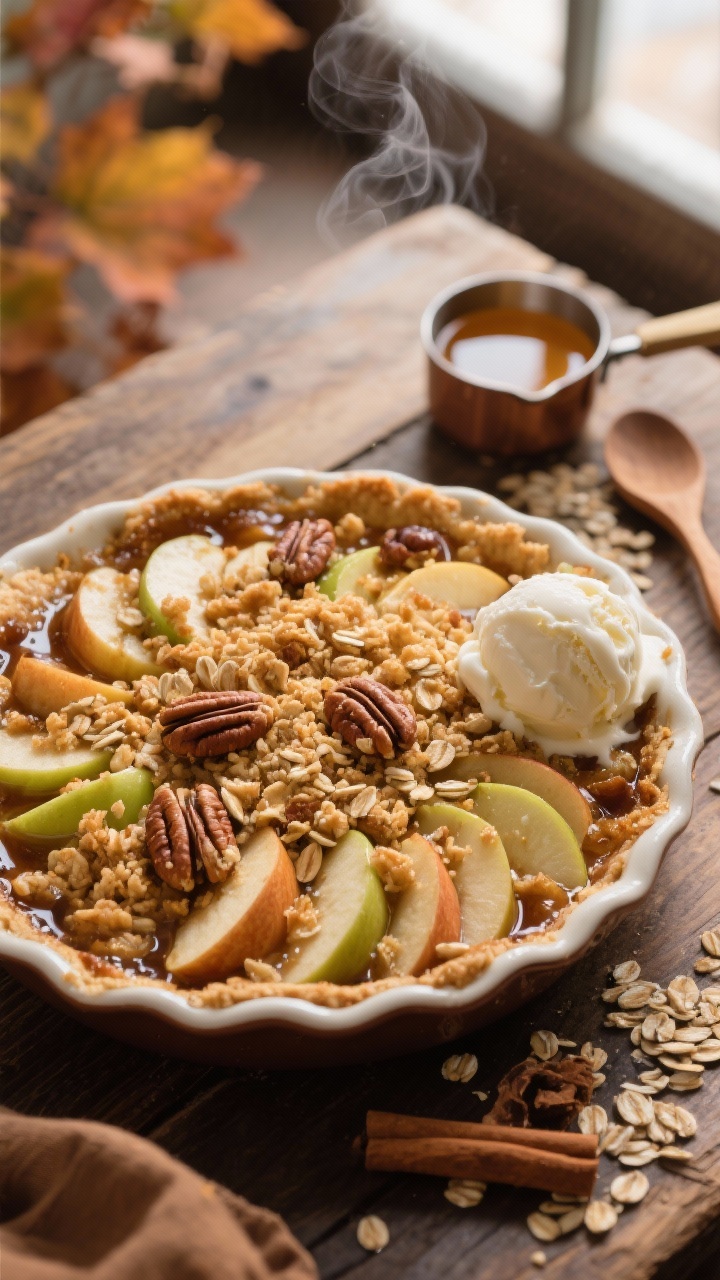 A warm, overhead shot of a freshly baked brown butter apple crisp in a 9-inch pie dish, bubbling juices around tender Granny Smith and Honeycrisp slices, topped with golden oat crumble and chopped pecans; visible textures of clumpy brown-buttered oats, cinnamon and nutmeg-dusted apples. Style with a scoop of melting vanilla ice cream beside the dish, a small saucepan of browned butter and a wooden spoon nearby, and scattered oats and gingers of cinnamon on a rustic wooden table; cozy autumn mood, soft window light, steam rising.