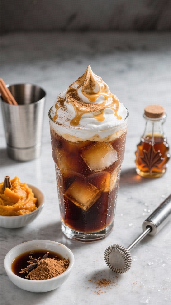 An overhead flat lay of Chai Pumpkin Cold Foam Cold Brew: a tall glass packed with ice and deep-brown cold brew sweetened with vanilla syrup, crowned with thick, glossy chai-pumpkin cold foam (heavy cream, milk, pumpkin purée, chai, maple syrup, pinch of salt) cascading over the rim, finished with a light dusting of cinnamon; include a chilled metal cup and handheld frother beside it, small bowls of pumpkin purée and chai concentrate/spice, and a maple syrup dripper; crisp, cool mood with high contrast and condensation on the glass to emphasize refreshment