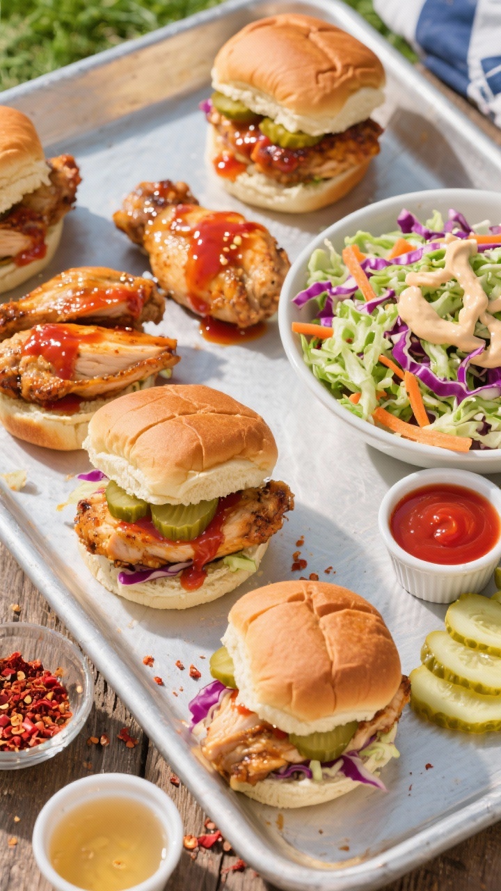 An overhead flat lay of honey-hot chicken sliders being assembled: toasted Hawaiian slider buns on a sheet, sliced seared chicken thighs tossed in a glossy honey–hot sauce (Frank’s + butter + honey) glistening in a bowl, a vibrant tangy slaw of shredded green and purple cabbage with grated carrot and Dijon-mayo dressing, and pickle chips ready to top. A few finished sliders stacked with sauced chicken, crunchy slaw, and pickles, light honey-red glaze clinging to the meat. Include small ramekins of extra hot sauce and apple cider vinegar, scattered red pepper flakes, warm, bright tailgate daylight with crisp colors.