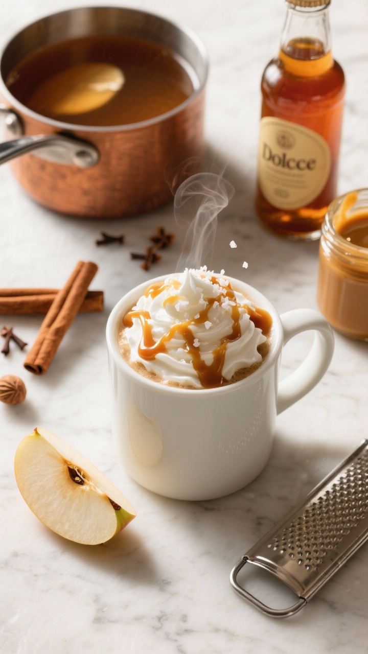 An overhead ingredients-and-final mug scene for Caramel Apple Spice: a steaming mug of apple cider topped with whipped cream, glossy caramel drizzle, and a tiny pinch of flaky salt, styled beside a thin apple slice garnish, a cinnamon stick, and a microplane with fresh nutmeg; include a small pot with hot cider, cinnamon stick, and cloves visible, plus a bottle of cinnamon dolce syrup/simple syrup and a jar of caramel sauce; rich amber and honeyed tones, no people, clean marble surface with gentle fall shadows