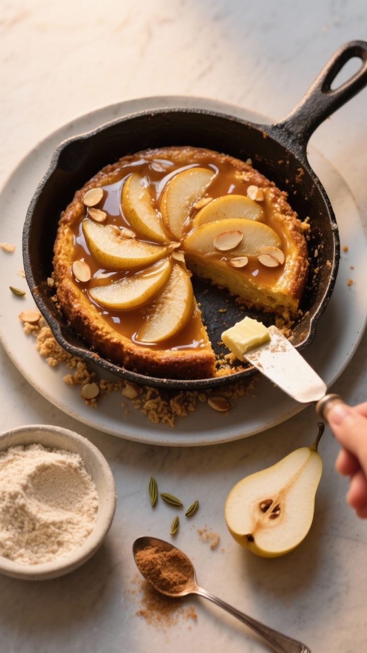 An overhead process-to-plated composition for caramelized pear skillet cake: a 10-inch oven-safe skillet just inverted onto a plate, revealing glossy caramelized pear fans atop a golden almond-scented cake. Syrupy caramel glistens with a whisper of cardamom; crumbs and a buttered spatula nearby. Include a small bowl of almond flour, sliced pears, and a spoonful of brown sugar off to the side; warm, late-evening light, minimal props for weeknight elegance.